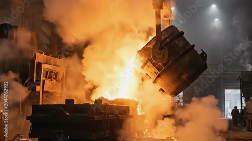 Molten metal pouring from a large industrial ladle creating intense sparks and smoke inside a metallurgical factory workshop