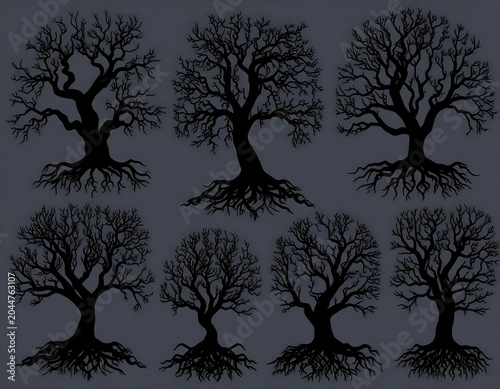 Dark Leafless Tree Silhouettes Arranged in Set on Gray Background