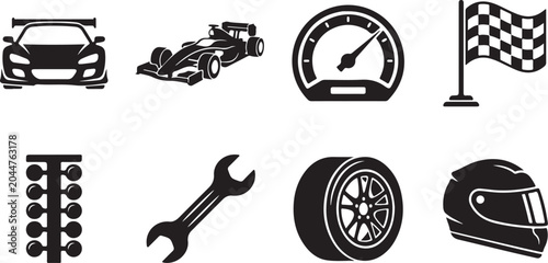 Racing, car, icons, set, 8 black, vector graphics, speed, automotive, symbols