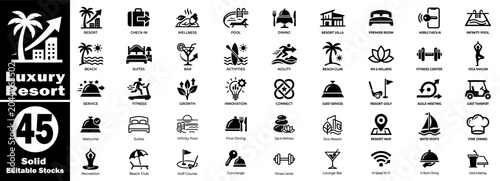 Schilderij op canvas Luxury resort solid icons, editable stock vector set, modern glyphs of beach and travel, vacation and relaxation, hotel services
