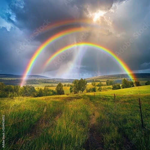 a vibrant double rainbow arching majestically over a picture