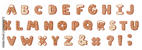 Cartoon gingerbread cookie alphabet. Christmas letters of the English alphabet, cute cartoon holiday font.