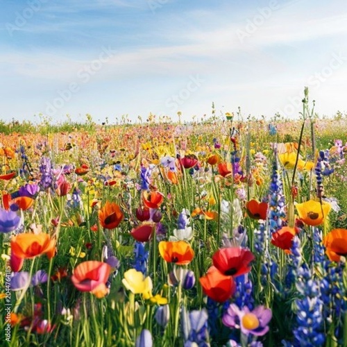 a vast field of colorful wildflowers eg poppies lupines dais