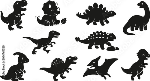 Bild auf Leinwand Cute black dinosaur silhouette icon set 10 prehistoric species