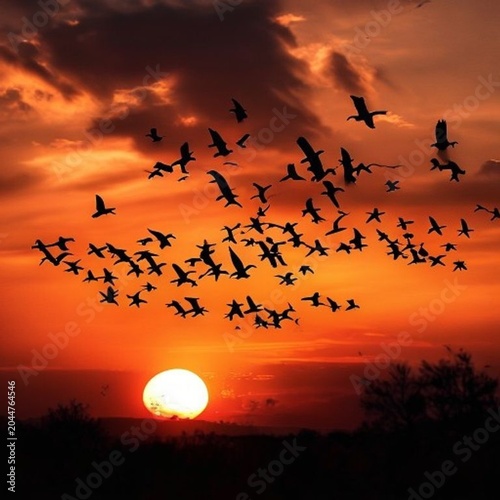 a flock of migrating geese flying in a perfect v formation a