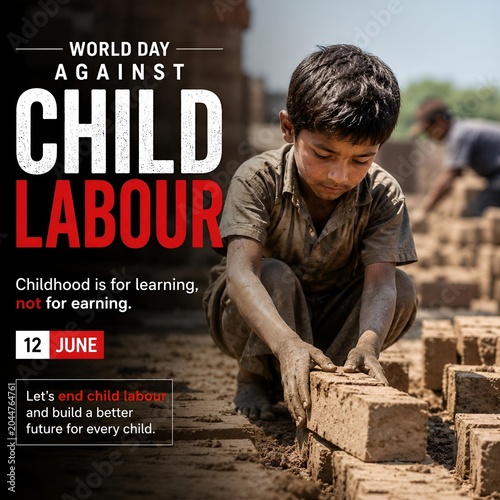 World day against child labour 12 june concept young boy working with bricks education exploitation
