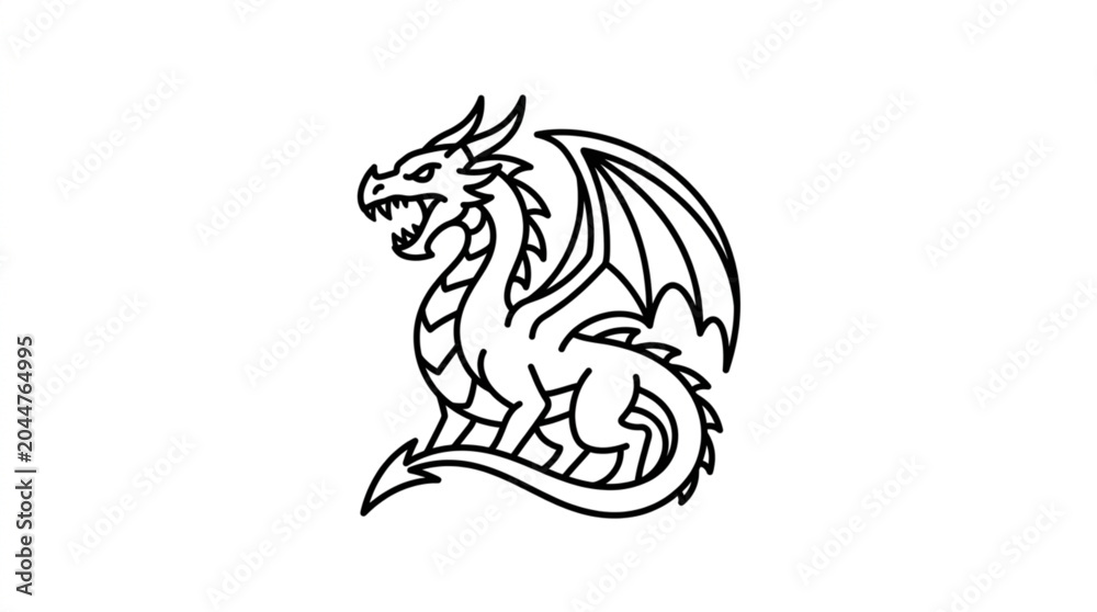 Obraz premium Mythical Dragon Creature Line Art Illustration.