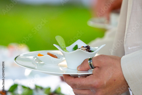 Hand holding small plate with appetizers at outdoor event
