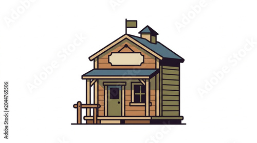 Old Western Style Wooden Schoolhouse Building Illustration.