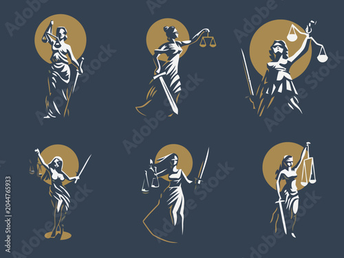 Lady Justice icons with sword and scales, concept of law