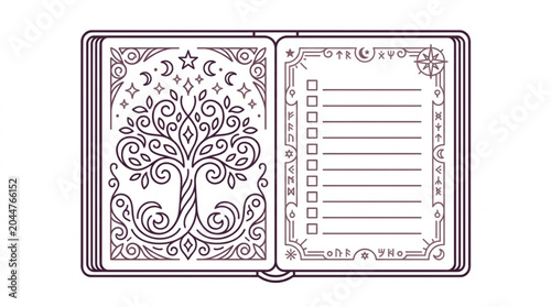 Open journal with tree of life and checklist design.
