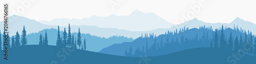 Layered mountain landscape with pine forest silhouette, serene blue hues