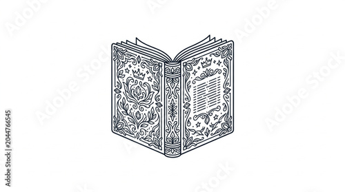 Foto Ornate antique book open with detailed illustrations and text.
