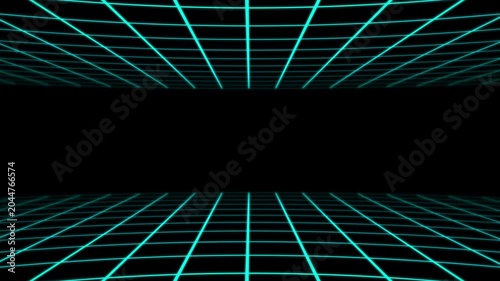 Blue Neon Grid Background, 80s Retrowave Motion Landscape, Infinite Wireframe Loop 4K.