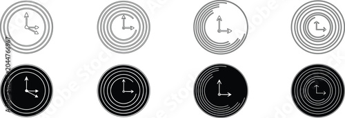 Foto Eight clock icons circular designs with rotating hands black and white variation