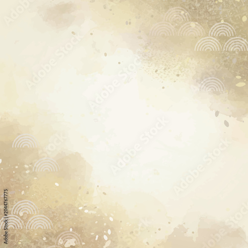 Elegant Japanese watercolor gold background with Seigaiha pattern for banner, invitation and presentation, abstract washi texture vector copy space|和風水彩金箔背景　青海波と和紙テクスチャの上品なベクターコピースペース バナー　招待状　プレゼン　年賀状