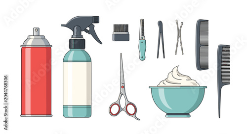 Set of hairdressing and hair care professional tools including metal scissors, spray bottle, plastic combs, and a hair dye mixing bowl.