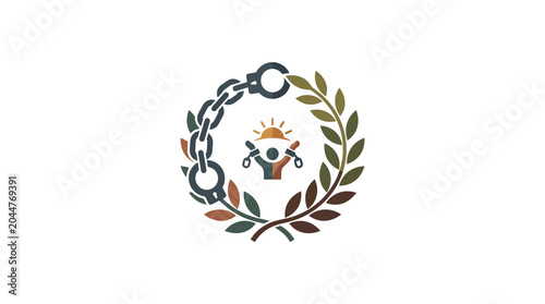 Foto Freedom and Liberation Symbol with Broken Chains, Laurel Wreath and Rising Sun I