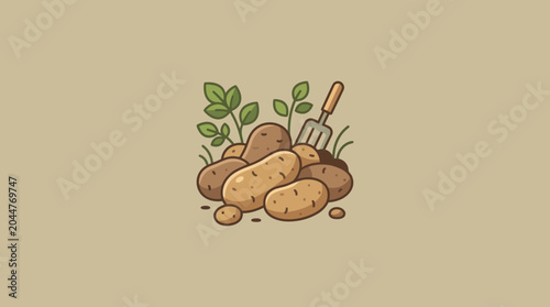 Fresh Harvested Potatoes with Garden Tool Illustration