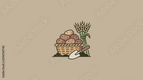 Fotografie Fresh Harvest Potatoes in Wicker Basket with Wheat Sheaf and Gardening Trowel Il