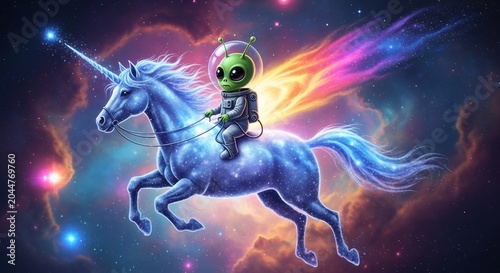 Alien Astronaut Riding a Cosmic Unicorn Through a Nebula.