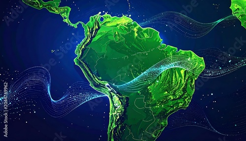 Glowing Green South America Map with Flowing Data Waves on Dark Blue Background