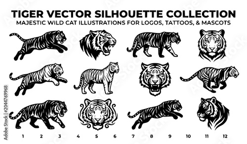 Photography Tiger Silhouette Collection with Dynamic Wild Cat Poses for Logo Mascot Tattoo a