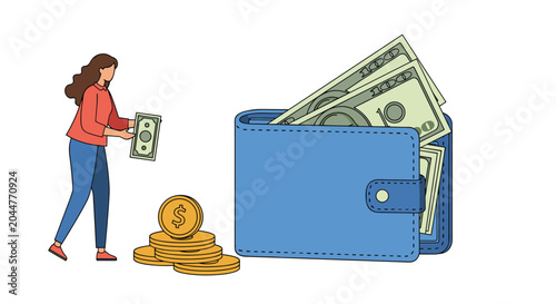 Financial illustration of a woman putting money into a large blue wallet surrounded by stacks of gold coins and bills.