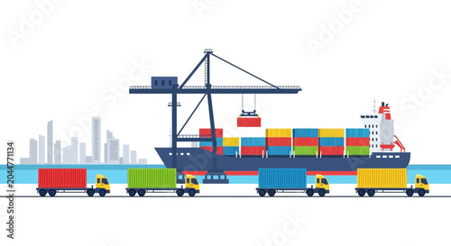 Fotografía Container ship at port with crane loading trucks with cargo
