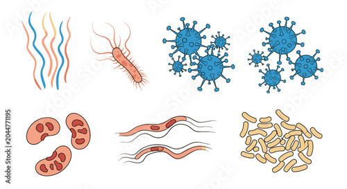 Photos Collection of different microscopic biological organisms including blue viruses, brown bacteria, and pink germ cells