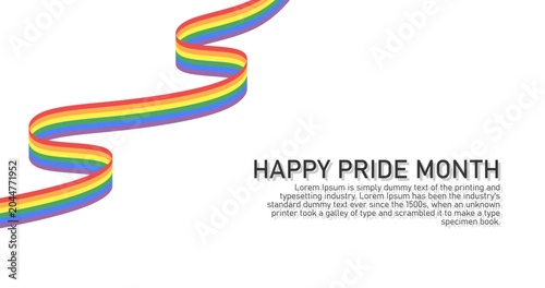 Happy Pride Month Rainbow Flag ribbon banner on white background