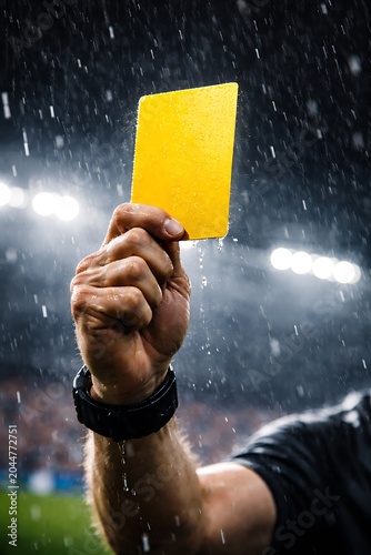 Extreme close-up of a referee’s hand holding a yellow card 