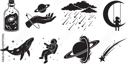 Space icons, astronomy symbols, black vector set, 10 celestial graphics