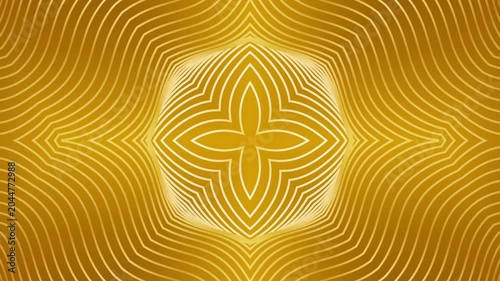 Golden lines form mesmerizing, kaleidoscopic symmetrical patterns. Radiant curves pulse inward with hypnotic rhythm.