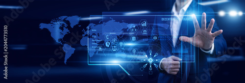 Konstfotografi Trader touch crypto virtual screen exploring Decentralized Finance on the global map