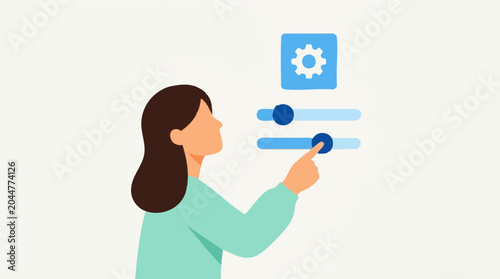 Foto Woman adjusting digital settings, user interface with sliders and gear icon
