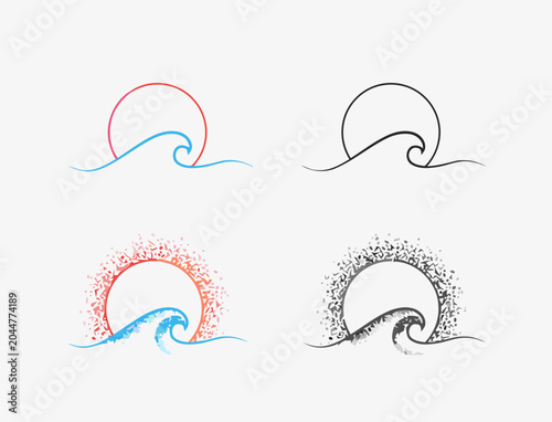 Sunrise or sunset over ocean wave stylized icons