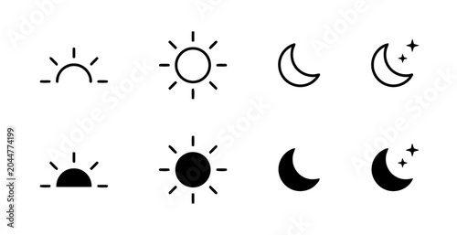 Sunrise, sun, moon, and starry night icons