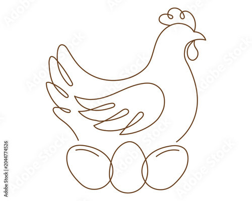 Continuous line drawing of a hen sitting on eggs, minimalist chicken icon, farm animal vector illustration.