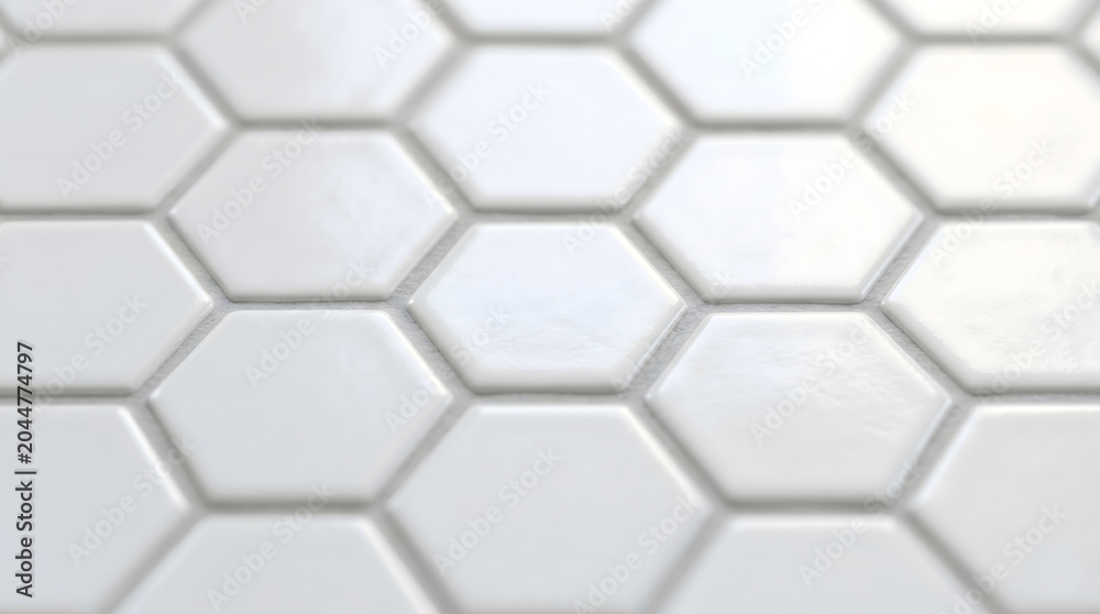 Fototapeta premium White hexagonal tile texture backdrop with soft focus.