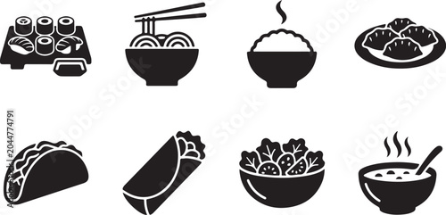 Food icons, restaurant symbols, black vector set, 8 elements, sushi, tacos, burrito, noodles