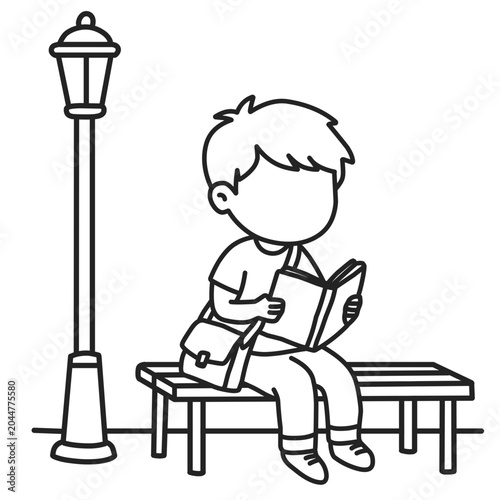 Outline of Boy Reading Book on Bench