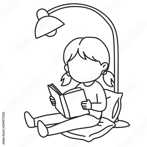 Outline of Girl Reading Book Under Lamp
