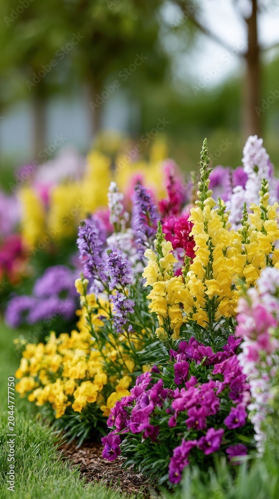Obraz premium Colorful flower beds in landscaped park garden, seasonal bloom display, outdoor beauty, nature and horticulture concept.