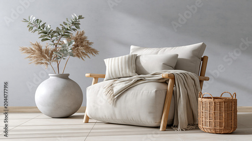 Modern Japandi Interior Design Concept, Minimalist Living Space with Natural Wood Furniture, Soft Neutral Palette, Organic Textures, Warm Diffused Sunlight, Premium Contemporary Home Aesthetic

