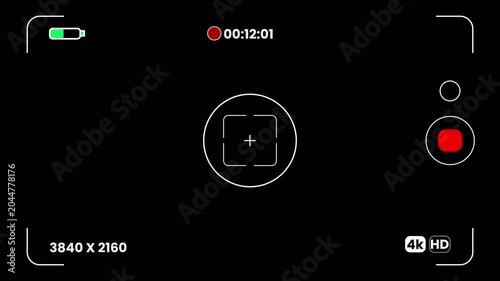 Mobile video recording UI overlay with battery status and focus frame, camera viewfinder display on transparent background 4k video