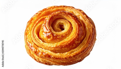 Golden-brown, swirled pastry with a glossy sheen, detailed layers