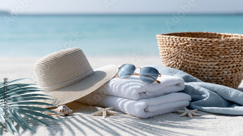 Luxury Tropical Travel Concept, Pristine Turquoise Ocean, Elegant Beach Accessories on Soft Sand, Palm Leaf Shadows, Warm Sunshine Atmosphere, Premium Destination Marketing Aesthetic

