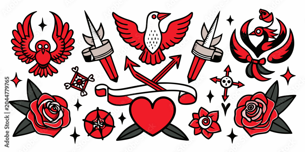 Fototapeta premium Vintage traditional tattoo flash art elements set, vector