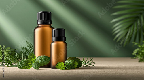 Luxury Aromatherapy Concept, Elegant Amber Glass Essential Oil Bottles Surrounded by Fresh Botanical Herbs, Warm Natural Sunlight, Calming Atmosphere

